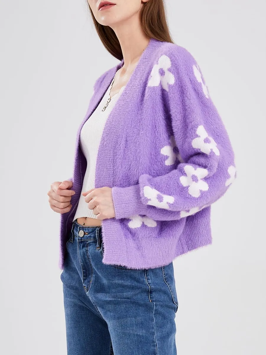 ebossy Women's Cute Cropped Daisy Knit Cardigan Fuzzy Furry Open Front Lantern Sleeve Sweater Coat