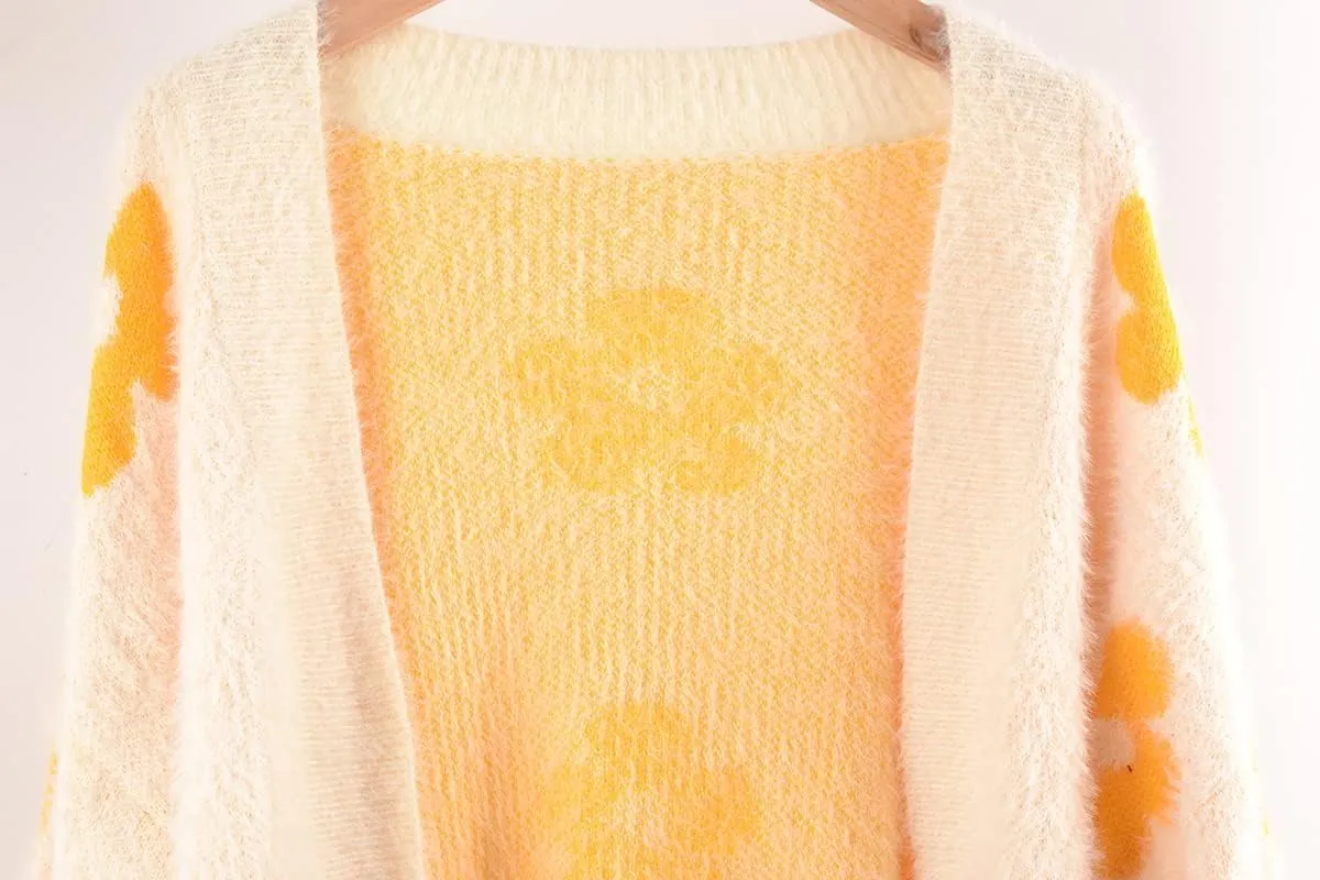ebossy Women's Cute Cropped Daisy Knit Cardigan Fuzzy Furry Open Front Lantern Sleeve Sweater Coat