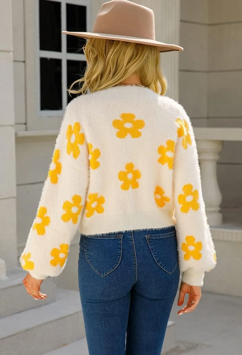 ebossy Women's Cute Cropped Daisy Knit Cardigan Fuzzy Furry Open Front Lantern Sleeve Sweater Coat