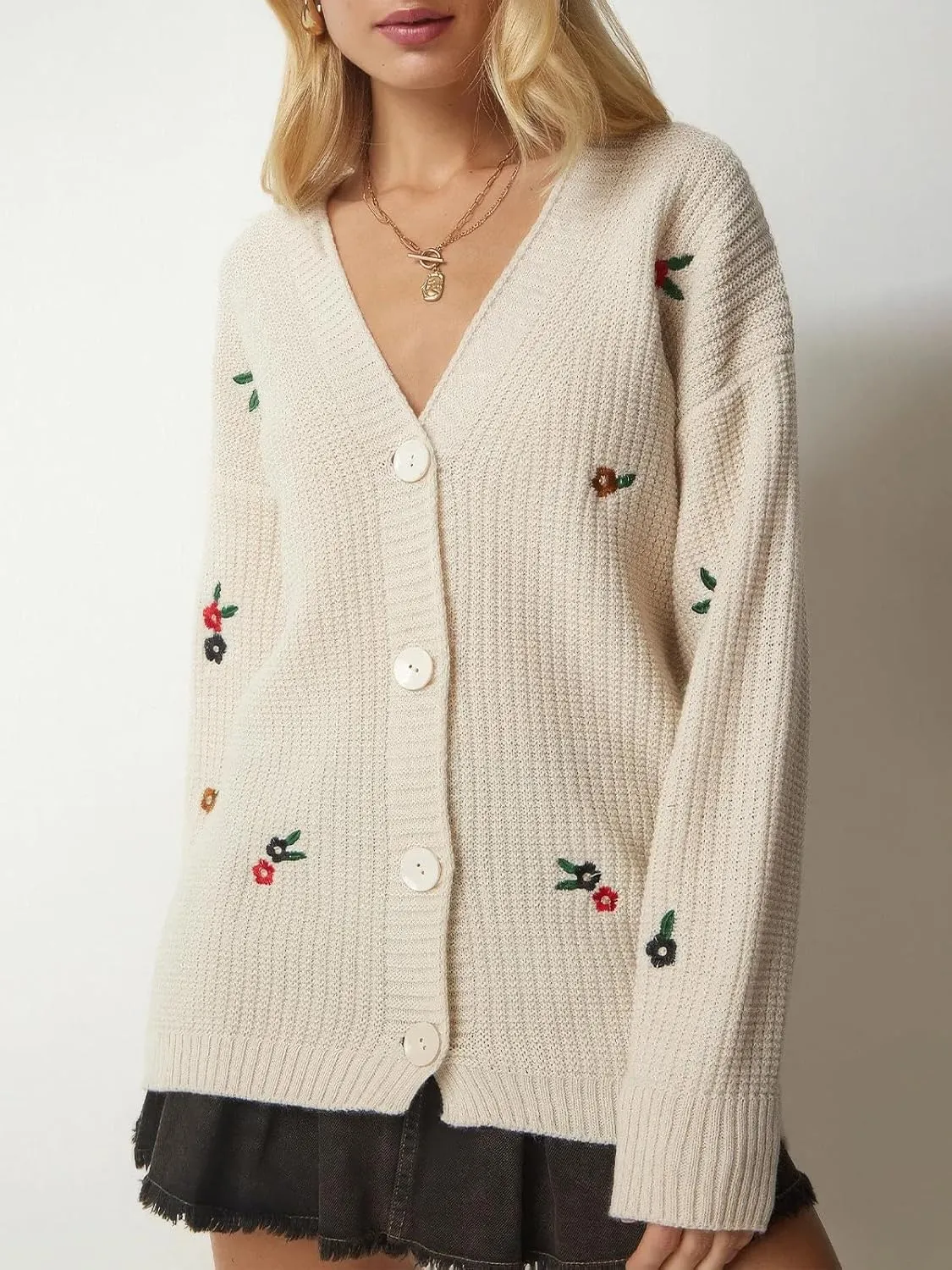 ebossy Women's Elegant Embroidery Flower Chunky Knit Cardigan Sweaters V Neck Button Down Slouchy Wool Blend Sweater Coats