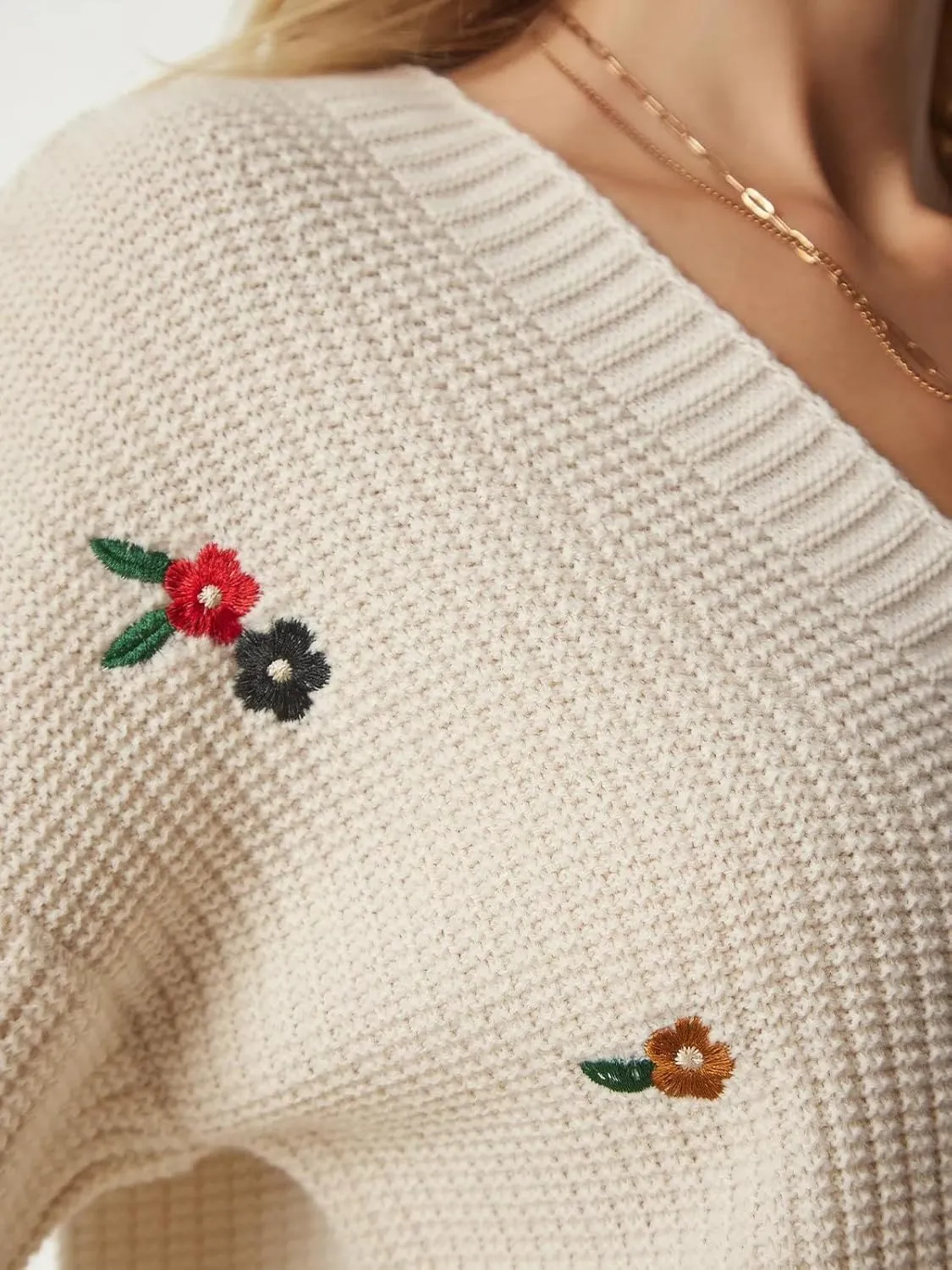 ebossy Women's Elegant Embroidery Flower Chunky Knit Cardigan Sweaters V Neck Button Down Slouchy Wool Blend Sweater Coats