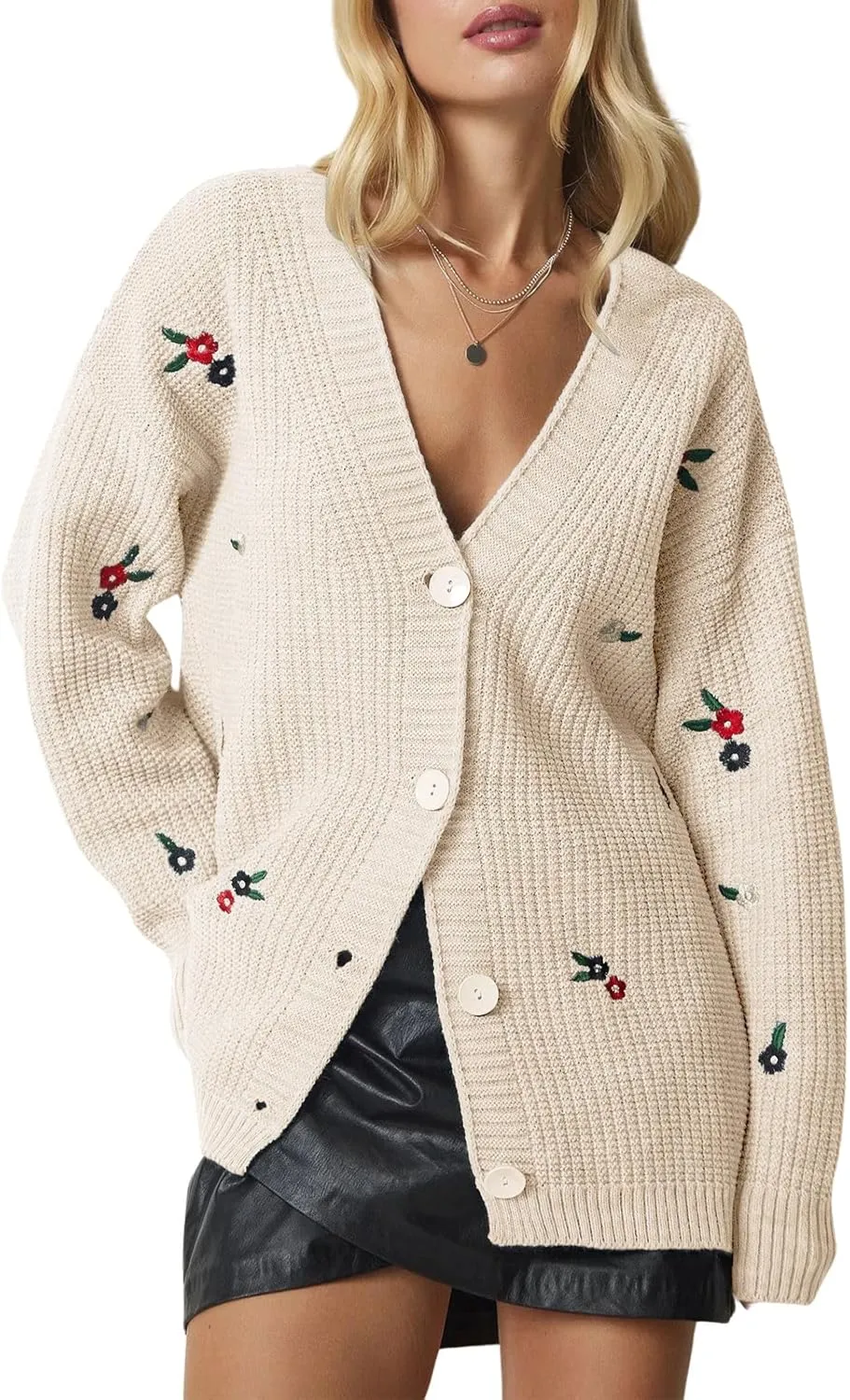 ebossy Women's Elegant Embroidery Flower Chunky Knit Cardigan Sweaters V Neck Button Down Slouchy Wool Blend Sweater Coats