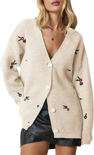 ebossy Women's Elegant Embroidery Flower Chunky Knit Cardigan Sweaters V Neck Button Down Slouchy Wool Blend Sweater Coats