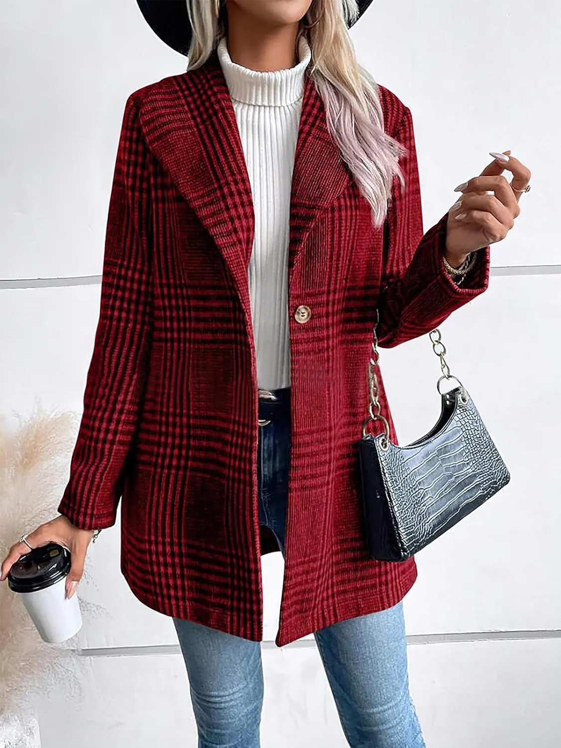 ebossy Women's Winter Warm Wool Blend Coat Classic Lapel Single Breasted Button Up Plaid Slim Fit Mid Long Overcoat