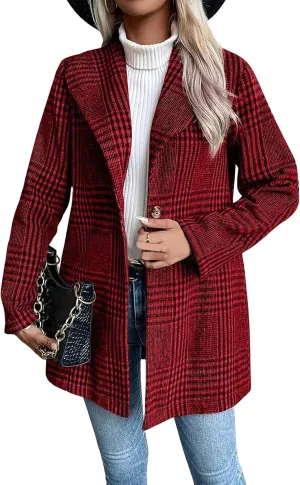 ebossy Women's Winter Warm Wool Blend Coat Classic Lapel Single Breasted Button Up Plaid Slim Fit Mid Long Overcoat