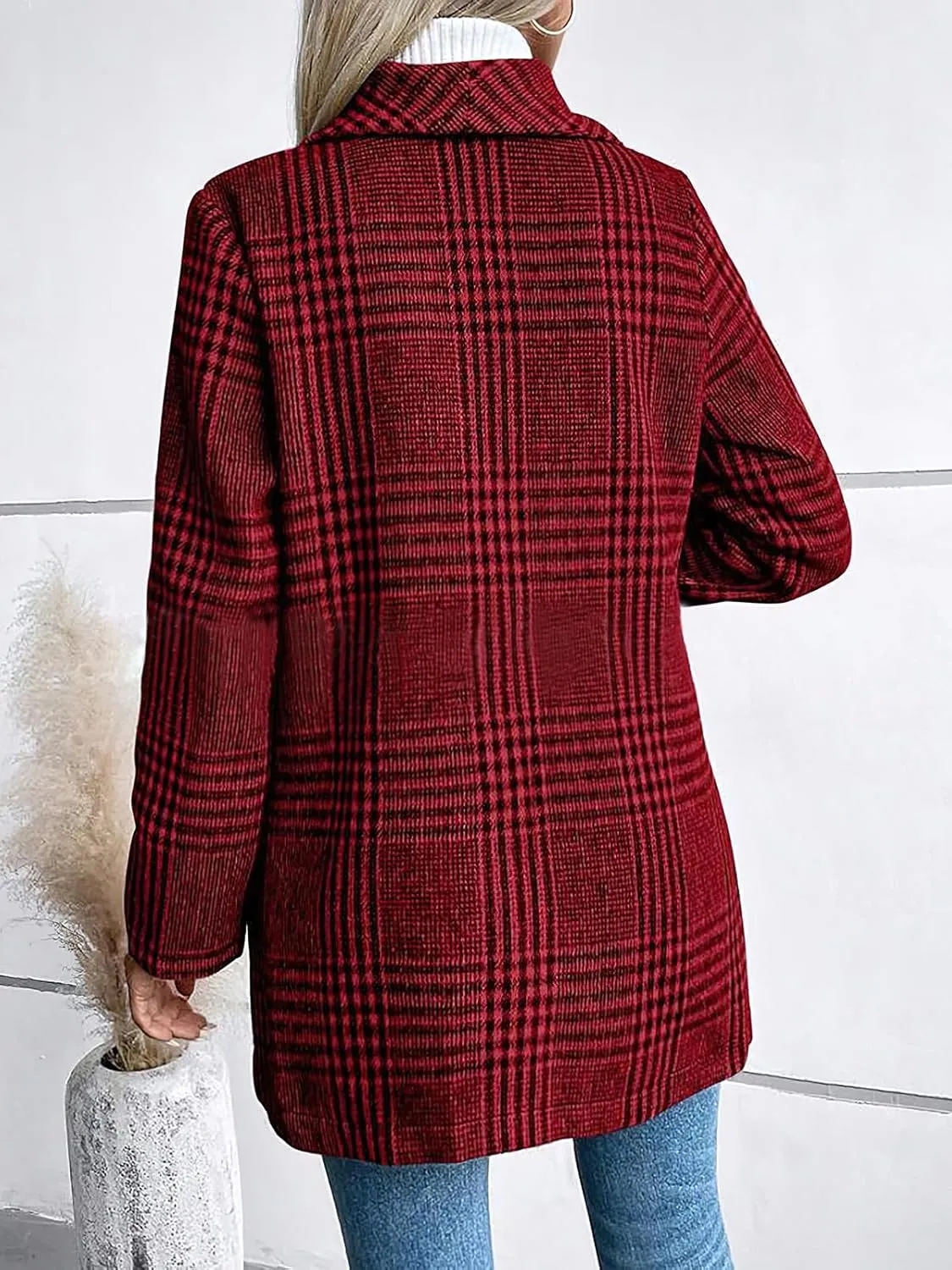ebossy Women's Winter Warm Wool Blend Coat Classic Lapel Single Breasted Button Up Plaid Slim Fit Mid Long Overcoat