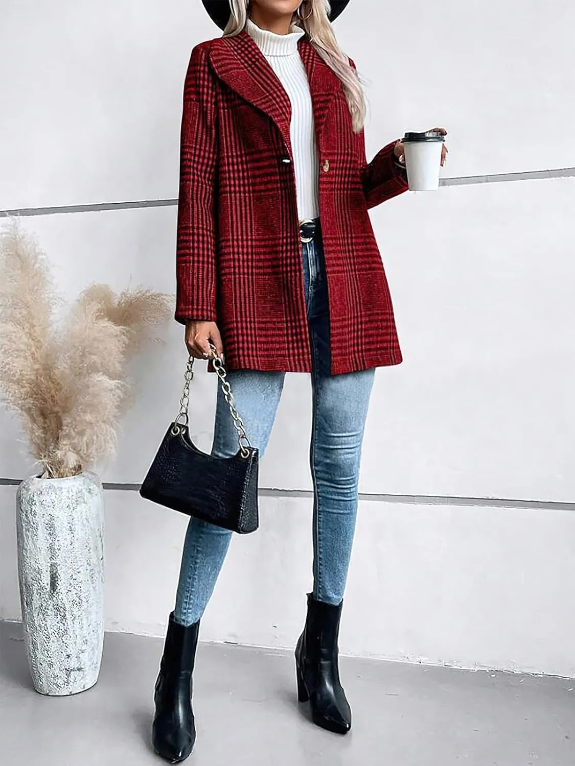 ebossy Women's Winter Warm Wool Blend Coat Classic Lapel Single Breasted Button Up Plaid Slim Fit Mid Long Overcoat