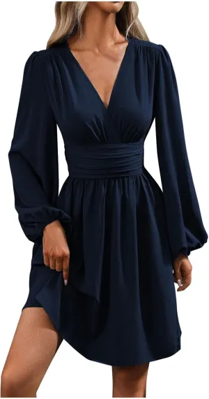Elegant Empire Waist Falred Dresses for Party Women Retro Lantern Long Sleeve V Neck Midi Dress Loose Fit Casual