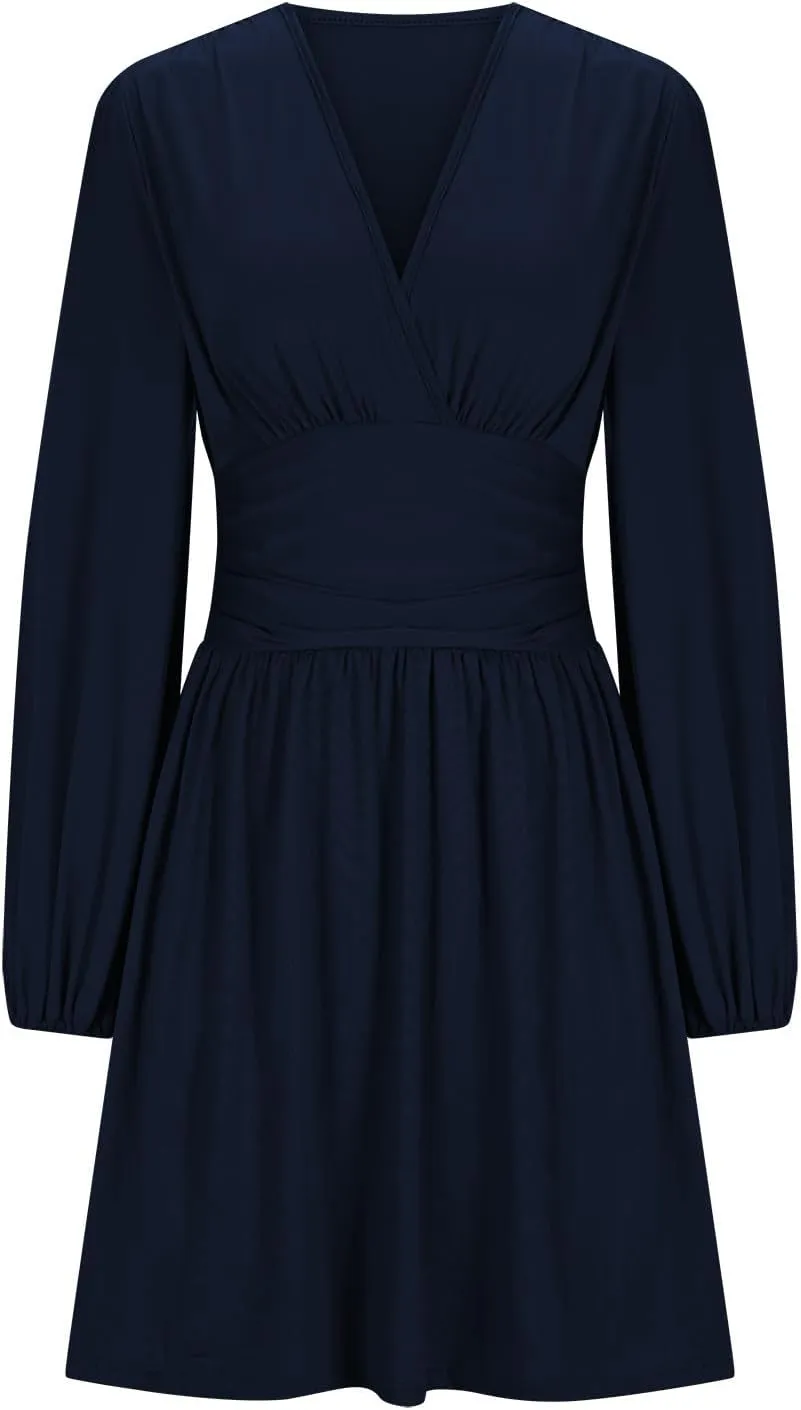 Elegant Empire Waist Falred Dresses for Party Women Retro Lantern Long Sleeve V Neck Midi Dress Loose Fit Casual