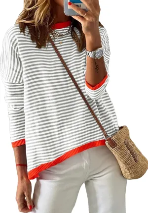 ELFTOWN Women's Cotton Crew Neck Long Sleeve Striped Sweater Pullover Color Block Oversized Casual Knitted Jumper Top