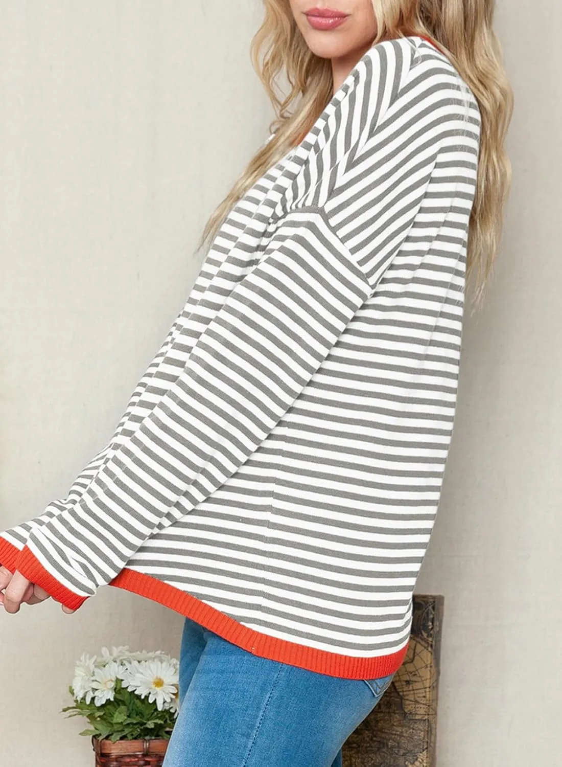 ELFTOWN Women's Cotton Crew Neck Long Sleeve Striped Sweater Pullover Color Block Oversized Casual Knitted Jumper Top