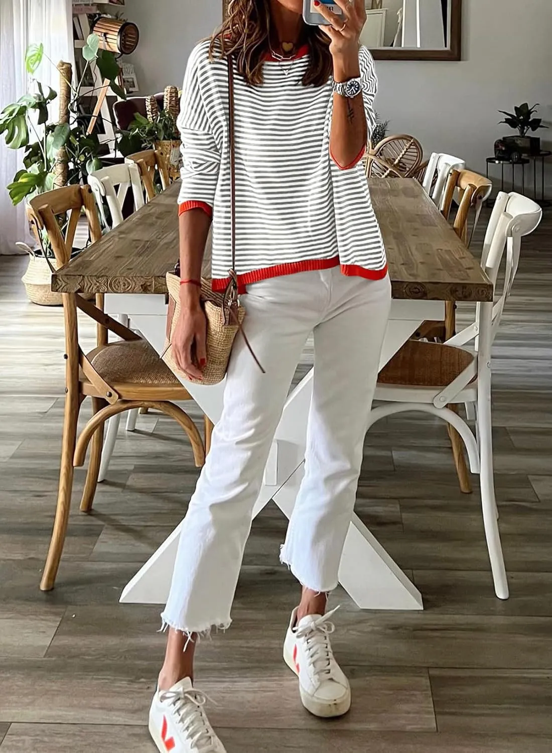 ELFTOWN Women's Cotton Crew Neck Long Sleeve Striped Sweater Pullover Color Block Oversized Casual Knitted Jumper Top