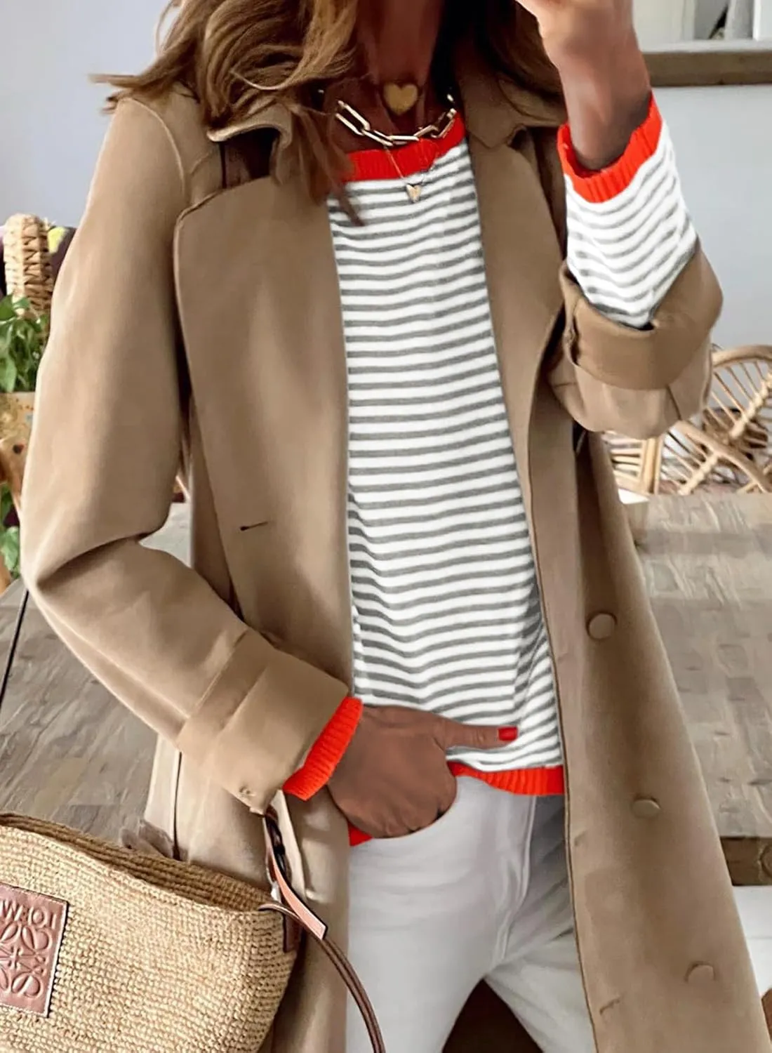 ELFTOWN Women's Cotton Crew Neck Long Sleeve Striped Sweater Pullover Color Block Oversized Casual Knitted Jumper Top