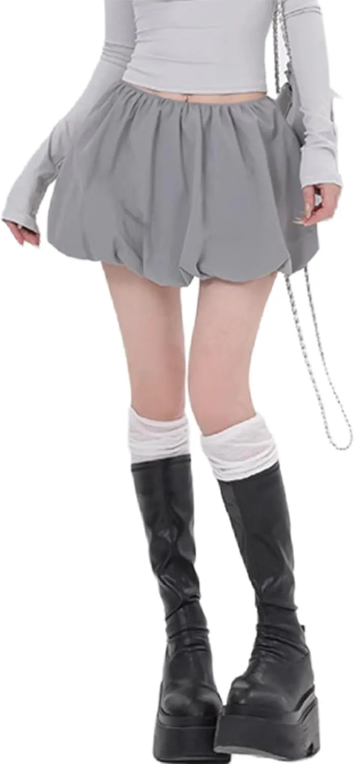 Engofs Women Y2k Bubble Ruffle Skirt Mini Hem Pleated Puffy Short Skirts Streetwear