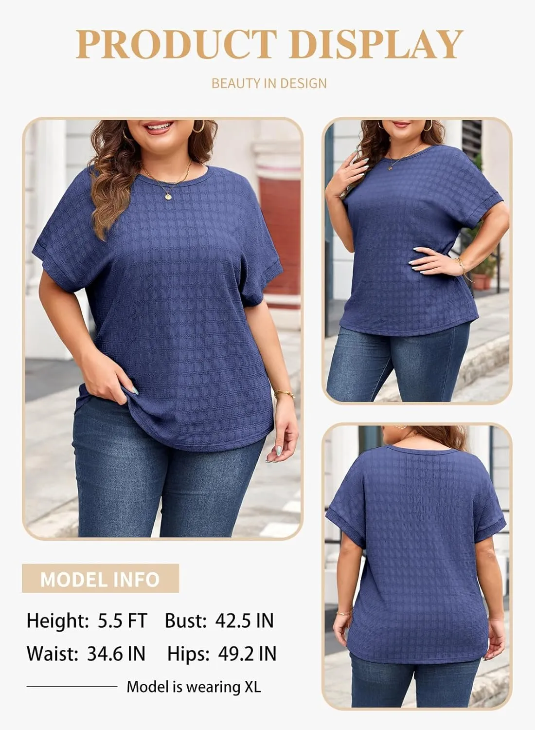 Eytino Womens Plus Size Tops Summer Casual Cap Short Sleeve Basic Textured Solid Color Round Neck T Shirts(1X-5X)