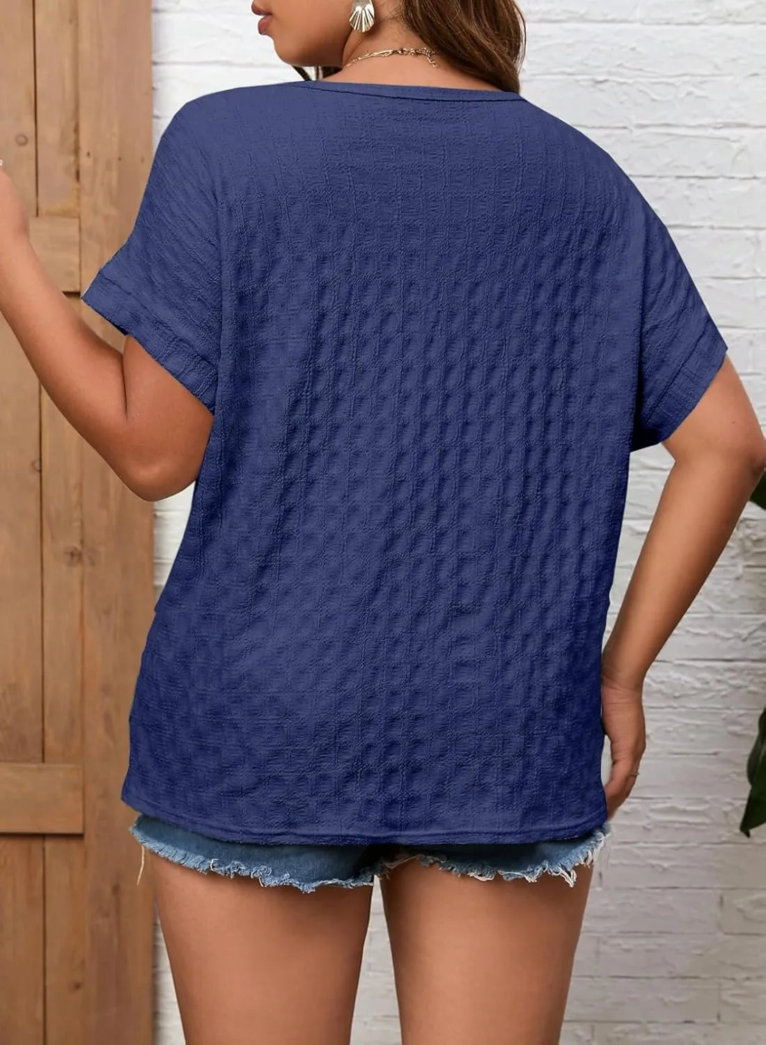 Eytino Womens Plus Size Tops Summer Casual Cap Short Sleeve Basic Textured Solid Color Round Neck T Shirts(1X-5X)