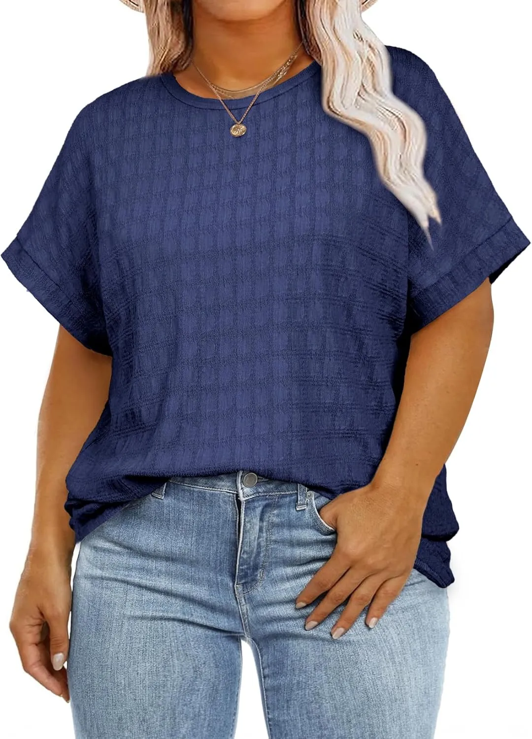Eytino Womens Plus Size Tops Summer Casual Cap Short Sleeve Basic Textured Solid Color Round Neck T Shirts(1X-5X)