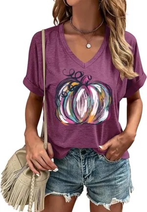 Fall V Neck T Shirt Funny Halloween Thanksgiving Graphic Tee Casual Family Halloween Costume Tops