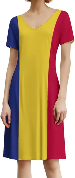 Fattyeery Women's Dress Saint Vincent and The Grenadines Flag Casual V-Neck Short Sleeve for Summer Beach Long Dress Womens