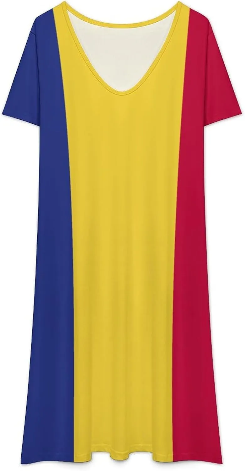 Fattyeery Women's Dress Saint Vincent and The Grenadines Flag Casual V-Neck Short Sleeve for Summer Beach Long Dress Womens
