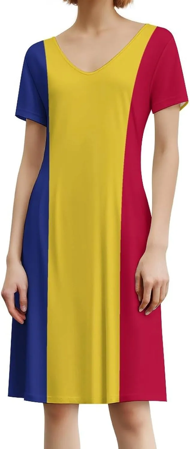 Fattyeery Women's Dress Saint Vincent and The Grenadines Flag Casual V-Neck Short Sleeve for Summer Beach Long Dress Womens