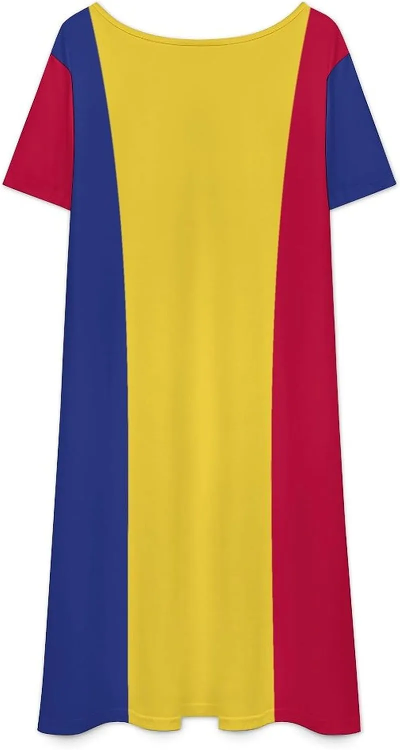 Fattyeery Women's Dress Saint Vincent and The Grenadines Flag Casual V-Neck Short Sleeve for Summer Beach Long Dress Womens