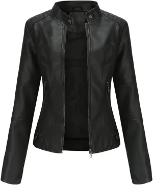 Faux Leather Jacket Women Autumn Spring Moto Biker Zipper Jacket Casual O-Neck Jacket