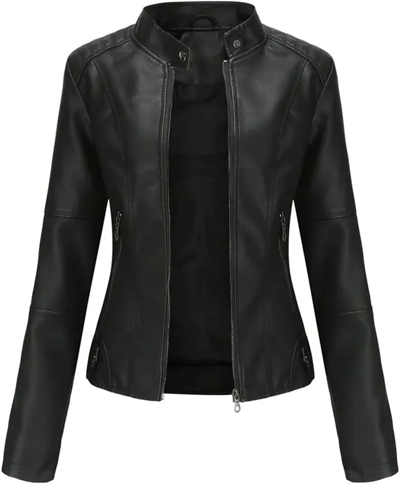 Faux Leather Jacket Women Autumn Spring Moto Biker Zipper Jacket Casual O-Neck Jacket
