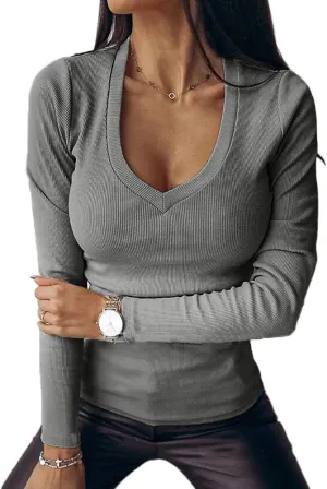 Fessceruna Womens Long Sleeve Shirts Tops Deep V Neck Ribbed Knit Fall Casual Slim Fit Basic Sexy T-Shirt 2024