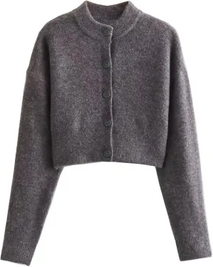 FindThy Womens Cropped Cardigan Sweater Crewneck Solid Color Long Sleeve Button Down Knitted Outerwear Top(4069-GreyA1-S-LB)