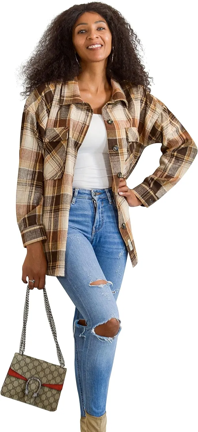 Flannel Shacket Women Casual Button Down Plaid Shirt Jacket Wool Blended Oversize Shirts Pea Coat Loose Fit