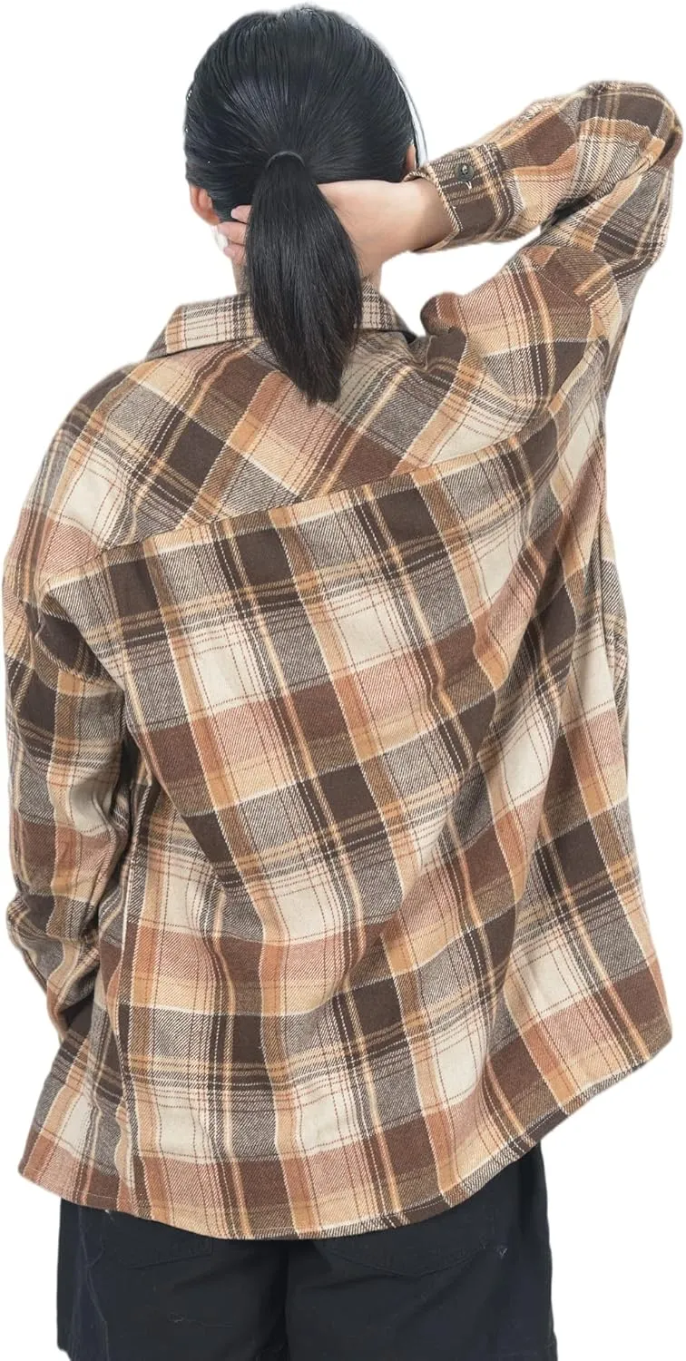 Flannel Shacket Women Casual Button Down Plaid Shirt Jacket Wool Blended Oversize Shirts Pea Coat Loose Fit
