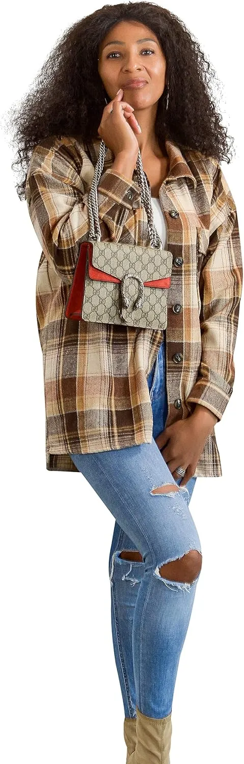 Flannel Shacket Women Casual Button Down Plaid Shirt Jacket Wool Blended Oversize Shirts Pea Coat Loose Fit