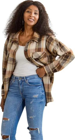 Flannel Shacket Women Casual Button Down Plaid Shirt Jacket Wool Blended Oversize Shirts Pea Coat Loose Fit