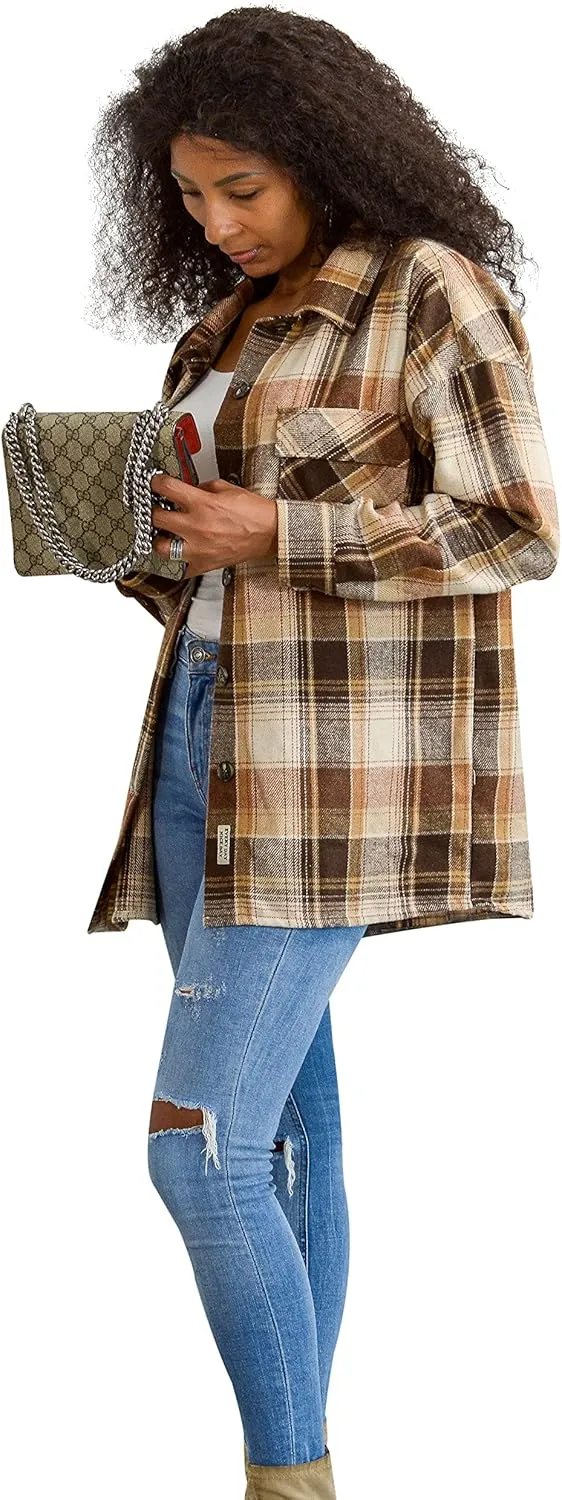 Flannel Shacket Women Casual Button Down Plaid Shirt Jacket Wool Blended Oversize Shirts Pea Coat Loose Fit