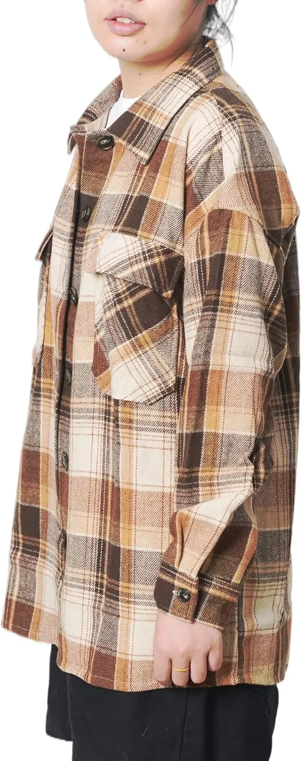 Flannel Shacket Women Casual Button Down Plaid Shirt Jacket Wool Blended Oversize Shirts Pea Coat Loose Fit