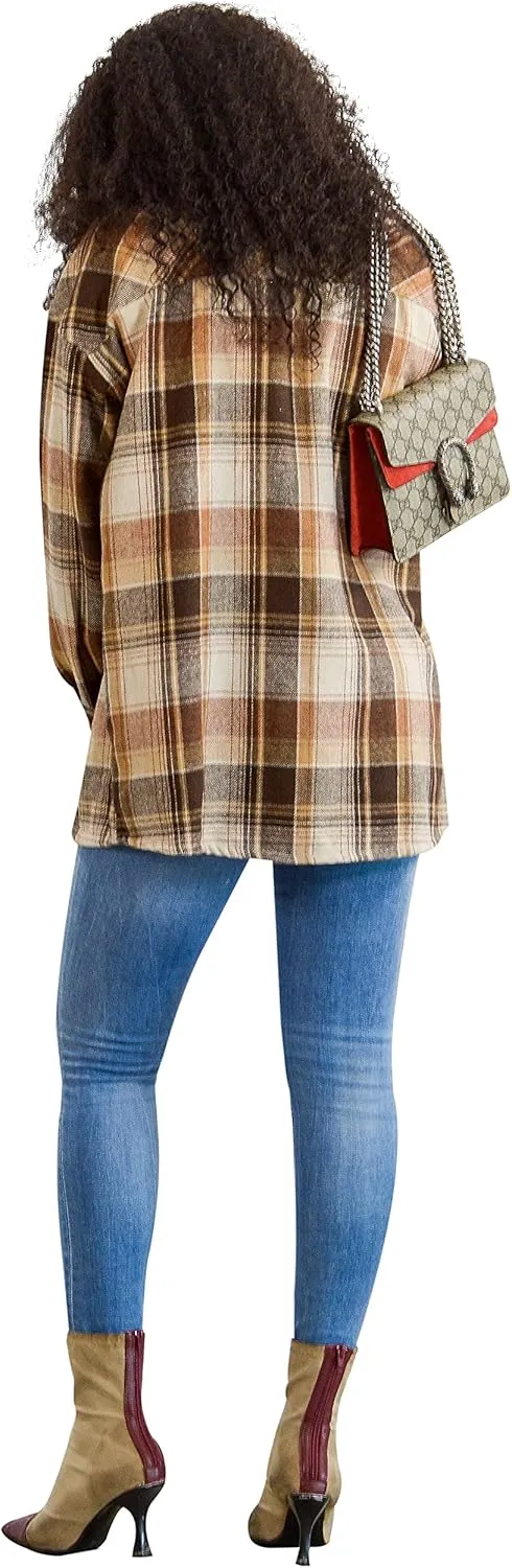 Flannel Shacket Women Casual Button Down Plaid Shirt Jacket Wool Blended Oversize Shirts Pea Coat Loose Fit