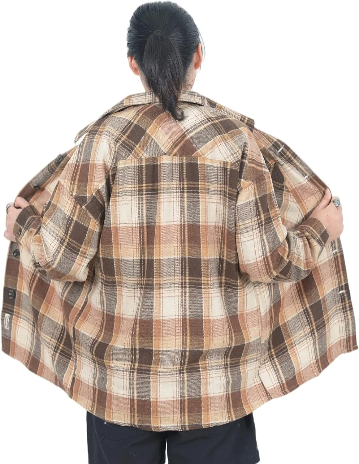 Flannel Shacket Women Casual Button Down Plaid Shirt Jacket Wool Blended Oversize Shirts Pea Coat Loose Fit