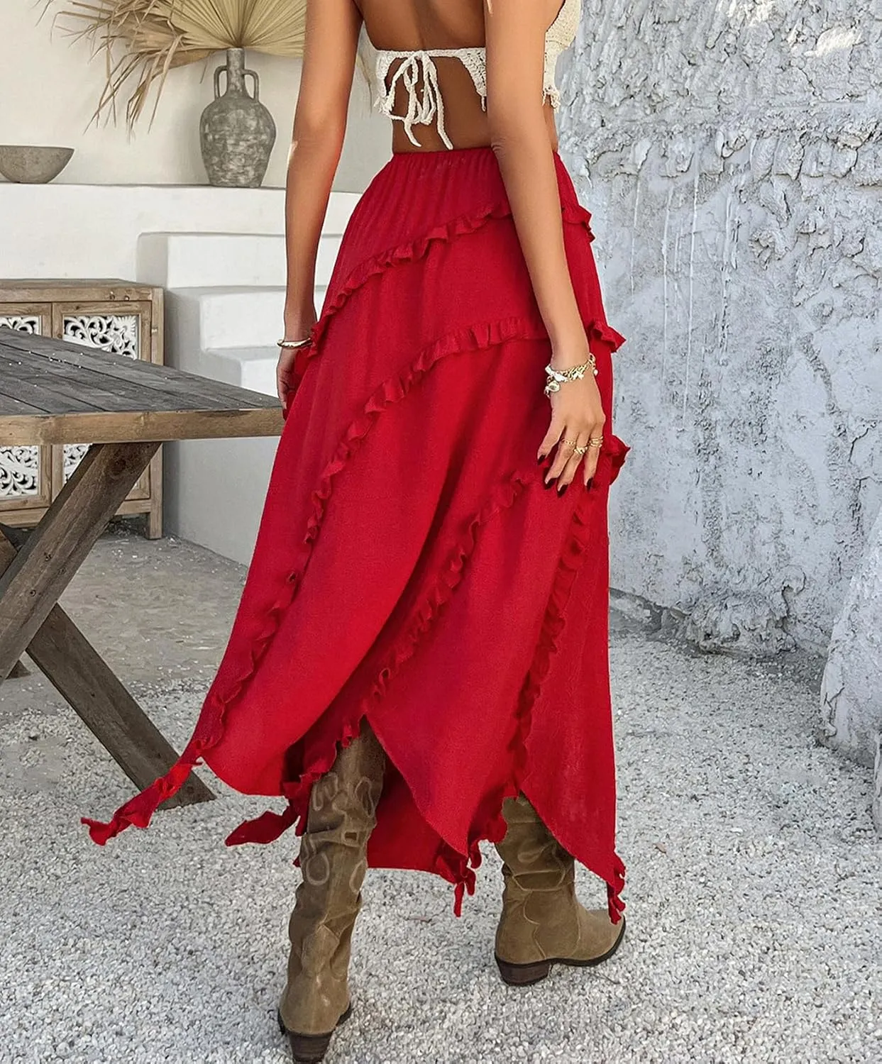Flowy Maxi Skirt Summer Drawstring Elastic Asymmetrical Ruffle Tiered Slit Hem Waist Long Skirts