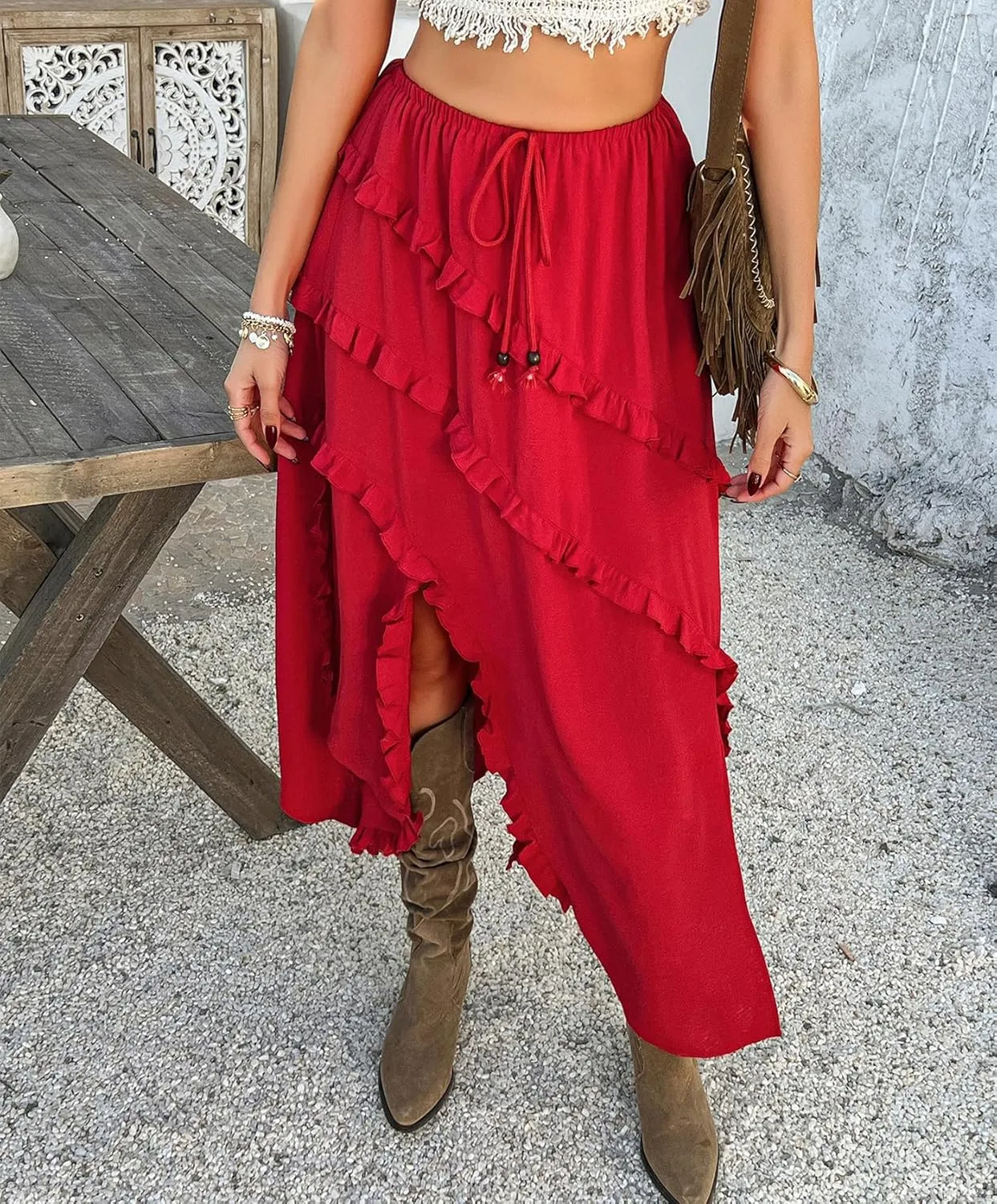 Flowy Maxi Skirt Summer Drawstring Elastic Asymmetrical Ruffle Tiered Slit Hem Waist Long Skirts