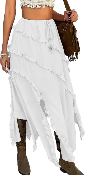 Flowy Maxi Skirt Summer Drawstring Elastic Asymmetrical Ruffle Tiered Slit Hem Waist Long Skirts