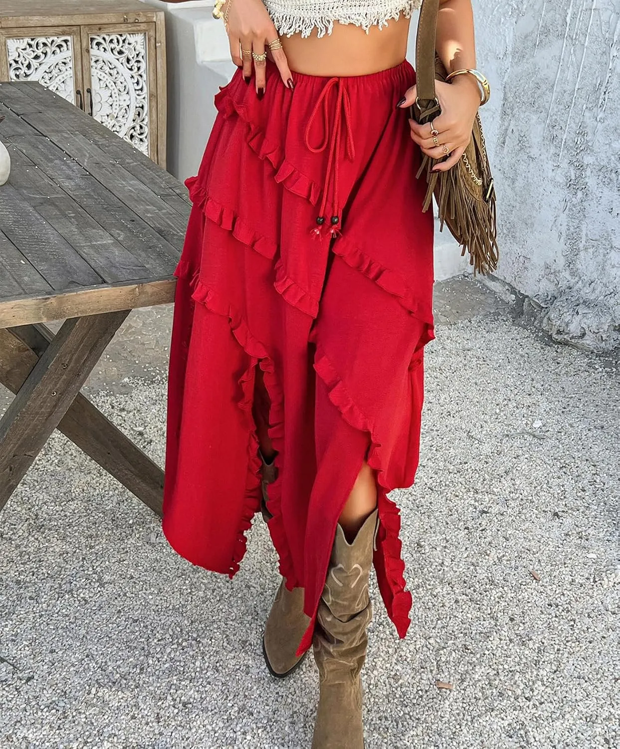 Flowy Maxi Skirt Summer Drawstring Elastic Asymmetrical Ruffle Tiered Slit Hem Waist Long Skirts