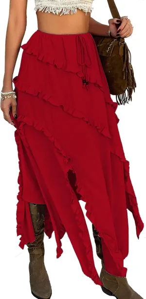 Flowy Maxi Skirt Summer Drawstring Elastic Asymmetrical Ruffle Tiered Slit Hem Waist Long Skirts