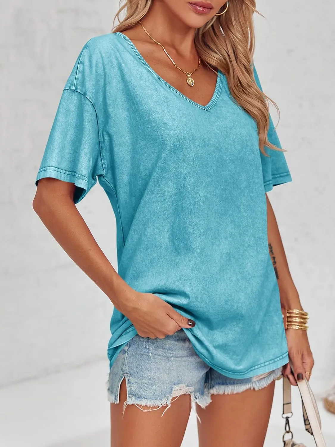 Flowyair Womens Oversized T Shirts Summer Loose Fit Cotton Short Sleeve Basic Tees Casual V Neck Boyfriend Tunic Tops