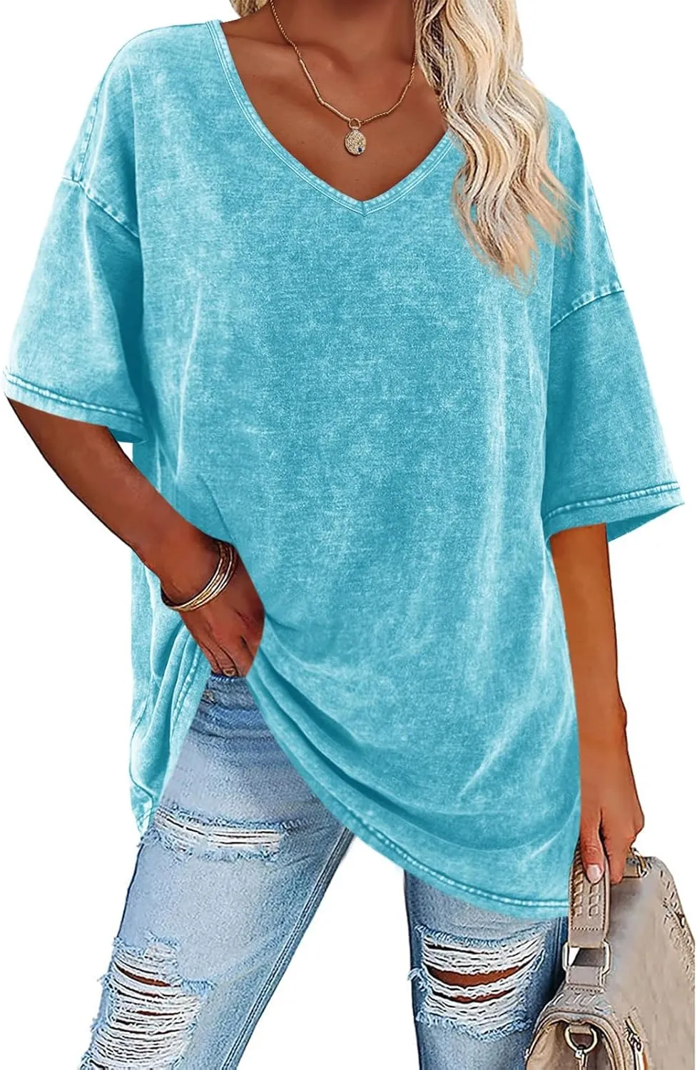 Flowyair Womens Oversized T Shirts Summer Loose Fit Cotton Short Sleeve Basic Tees Casual V Neck Boyfriend Tunic Tops