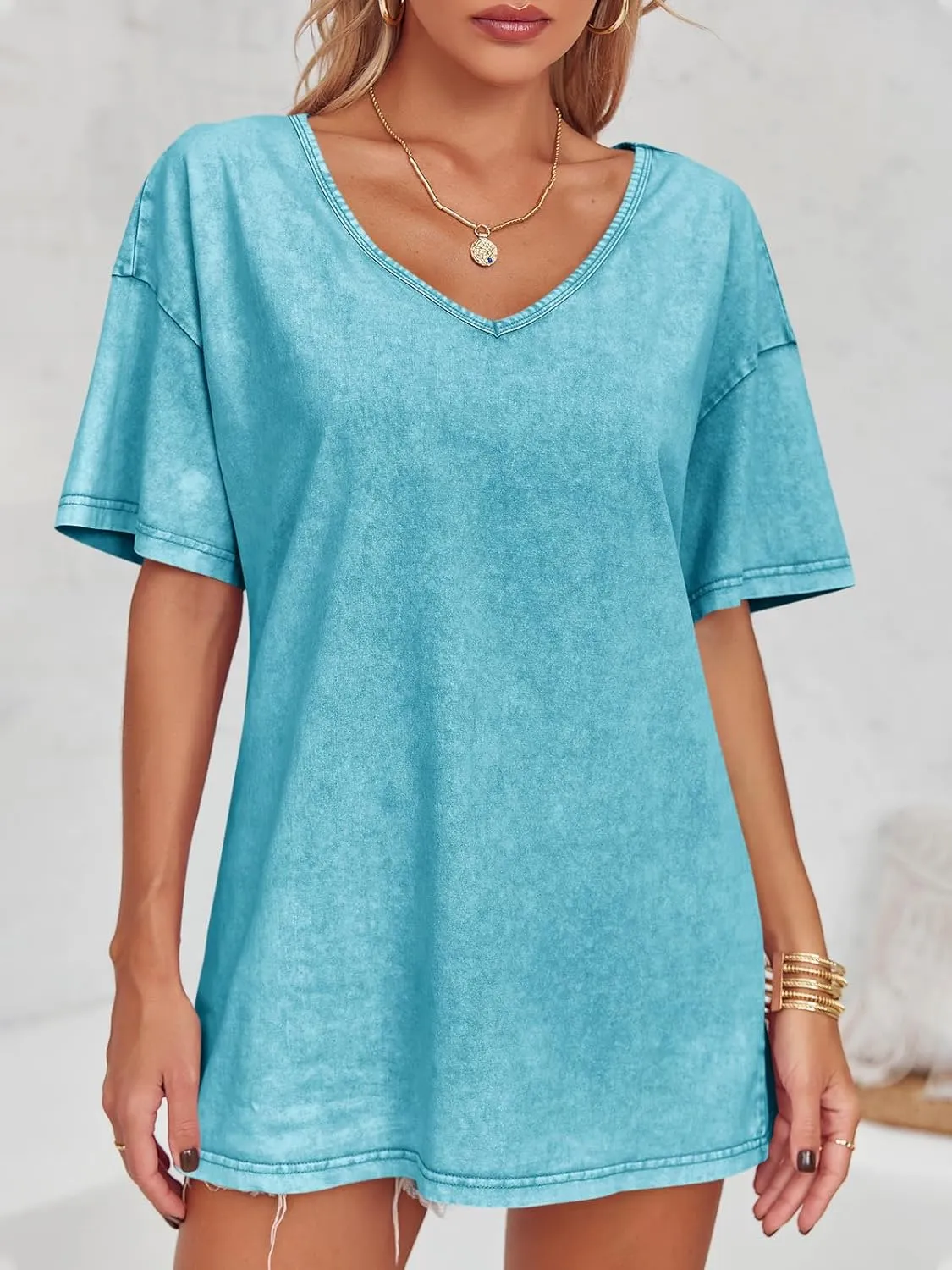 Flowyair Womens Oversized T Shirts Summer Loose Fit Cotton Short Sleeve Basic Tees Casual V Neck Boyfriend Tunic Tops