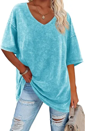 Flowyair Womens Oversized T Shirts Summer Loose Fit Cotton Short Sleeve Basic Tees Casual V Neck Boyfriend Tunic Tops