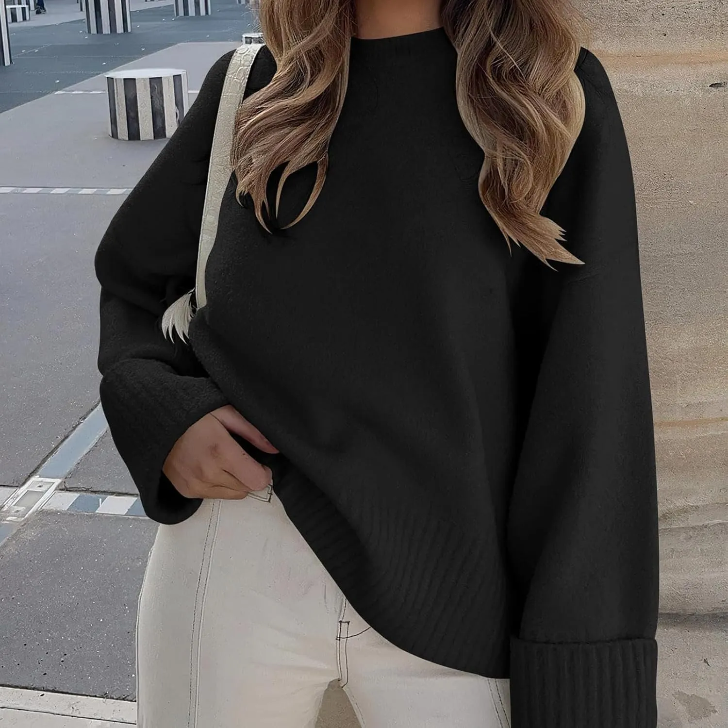 Fuzzy Crewneck Oversized Sweater for Women Long Sleeve Soft Chunky Knitted Pullover Fall Winter Warm Top Clothes