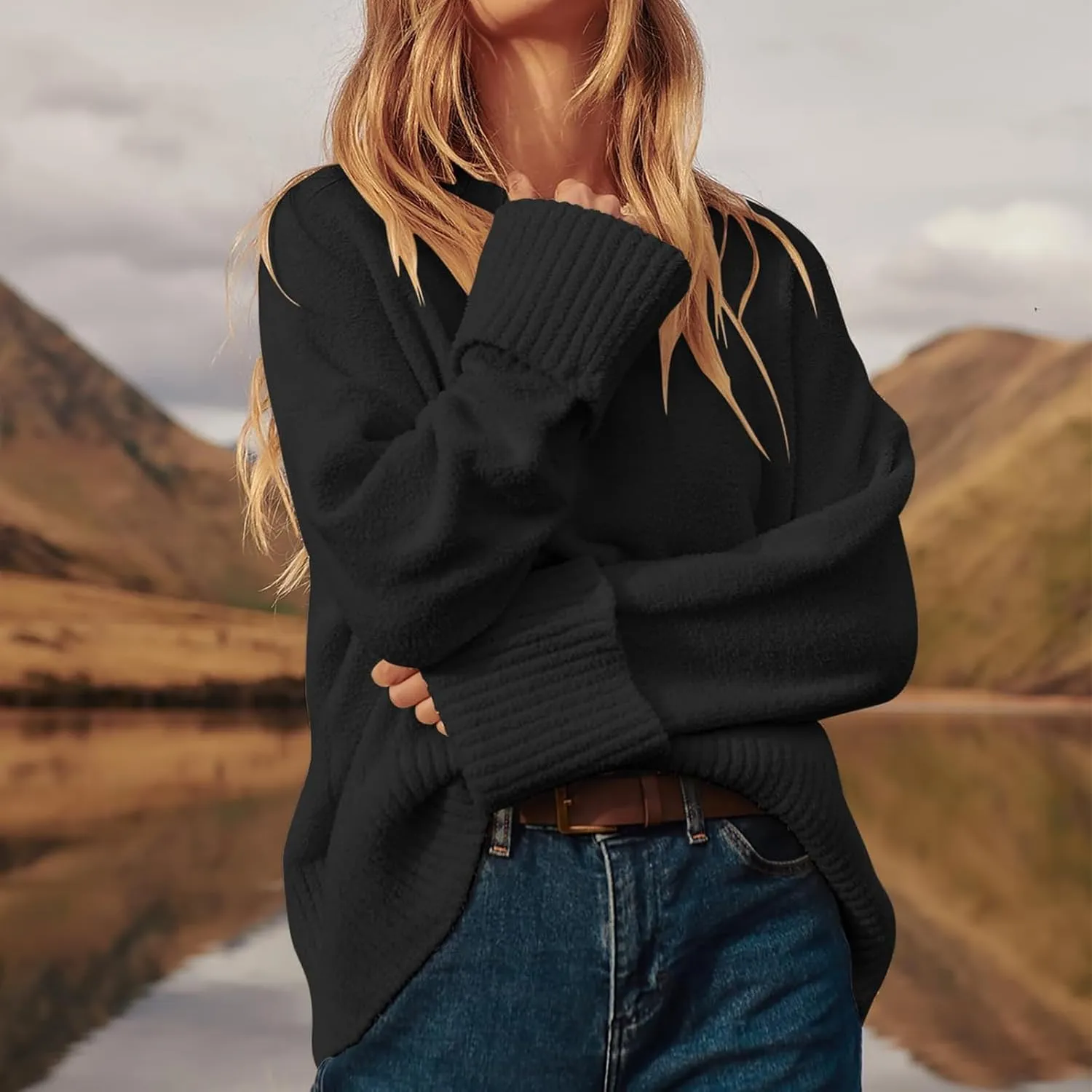Fuzzy Crewneck Oversized Sweater for Women Long Sleeve Soft Chunky Knitted Pullover Fall Winter Warm Top Clothes
