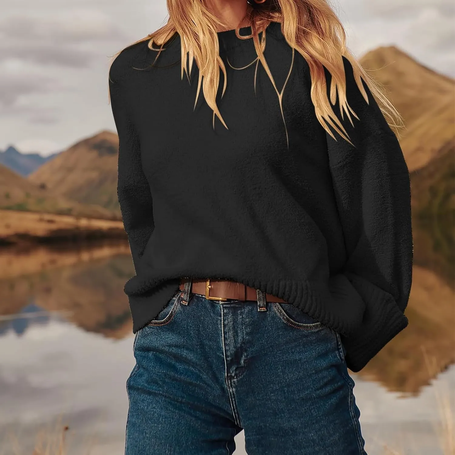 Fuzzy Crewneck Oversized Sweater for Women Long Sleeve Soft Chunky Knitted Pullover Fall Winter Warm Top Clothes
